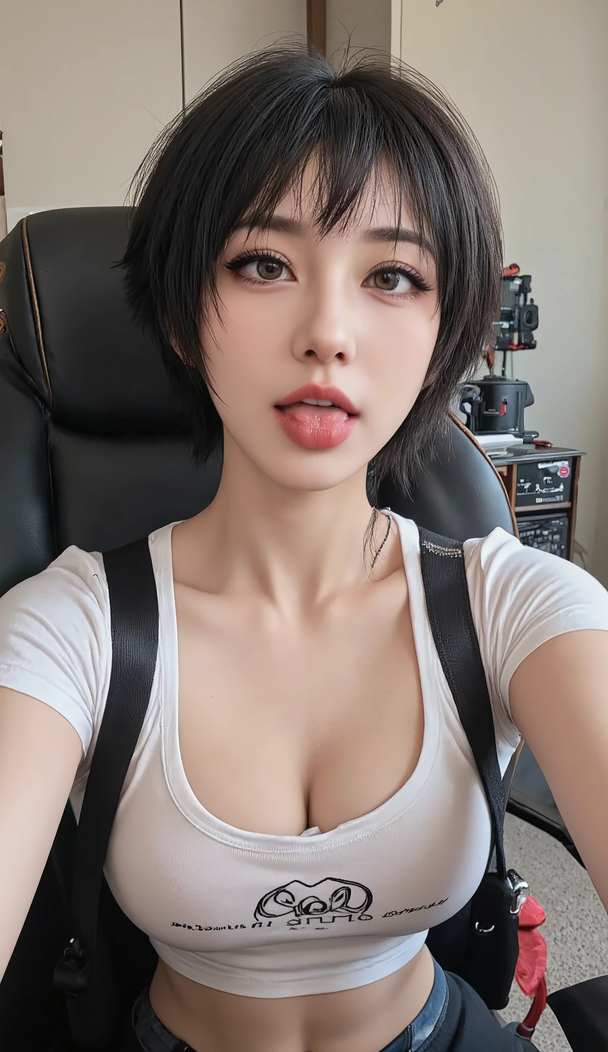 selfie angle, sitting in a gamer chair, perfect Chinese, athletic and slim body, short hair with a modern cut, wearing leggings and a light T-shirt, makeup with strong blush: 1.5, perfect long, strong and thick winged eyeliner, tongue out, beautiful eye detail, upper body composition, perfect full red lips, lively face, lush look, perfection, skin detail, refined eyeliner, perfect composition, nsfw: 1.3, tongue out: 1.3 beautiful and perfect eyes