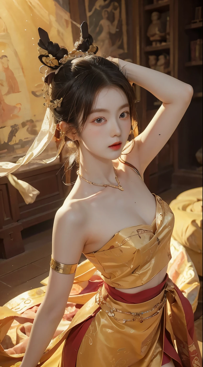 （primitive， best qualtiy）， realisticlying， （Realistic real： 1.3）， best qualtiy， high detal， tmasterpiece， The is very detailed， illustration， 1 25-year-old goddess，full bodyesbian， Angular animation， Mess_Long_Hair， best qualtiy， 8k wallpaper， Very detailed Dunhuang uniform， ink， astounding， 电影灯光， lens_flare， Dunhuang style tunic， Raised sexy， Crop tops， Delicate blow to the bones， patterned legwear， Full body gold pattern， The ancient goddess wore Hanfu-style silk Ao Dai，Silk tulle clothes，（Dunhuang style：1.8）（Marvelous scenery of Dunhuang：1.8），Beautiful old face and extremely detailed makeup，Smooth pink skin，Flawless soft skin，Fine black eyebrows，Detailed eye makeup，Big yellow eyes，Eye makeup glitter，tall nose bridge，hair-bun，Hair brooch，Head and neck ornaments， Large, Round breasts，chubbiness，Red lipstick，Sweet little lips，A bracelet on the wrist，Jewelry on the body of the goddess Audai，Small tattoo on the forehead of the goddess，