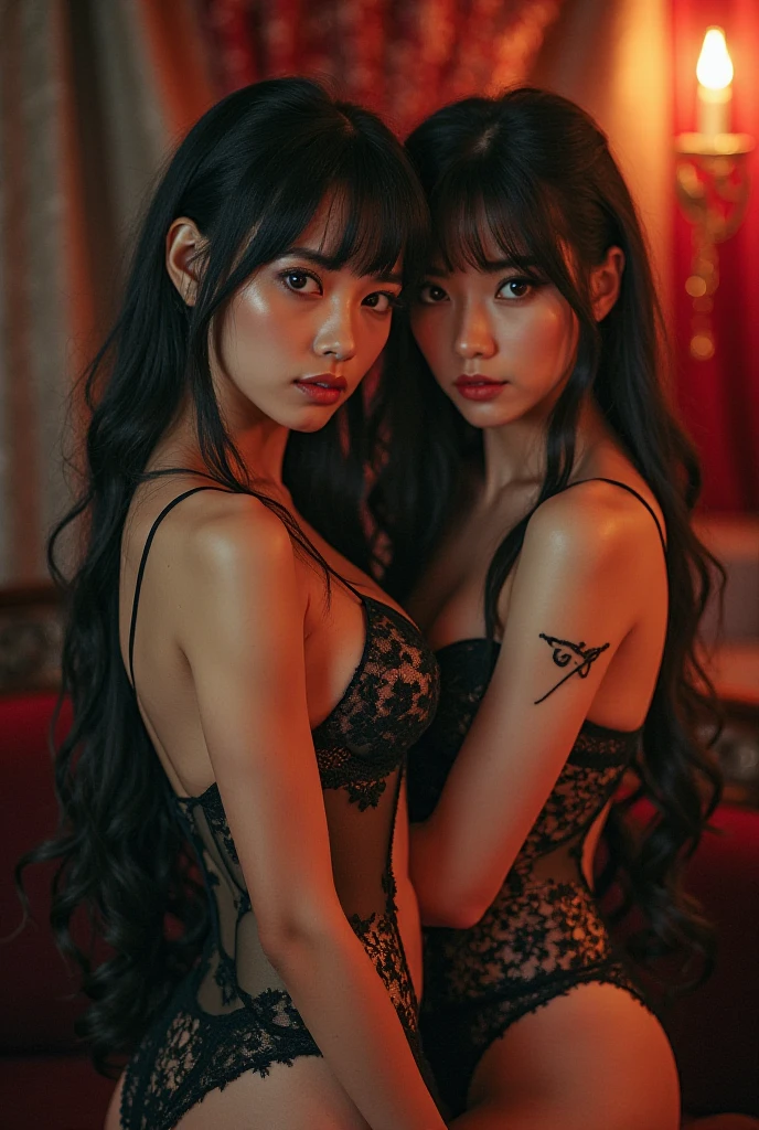 Colorful hair(Purple and blue gradient)、Twin-tailed、hair scrunchie、corolla、Pretty Woman、beautidful eyes、Toothless smile、Soft skin type、Tattoo on the chest、Official art、masterpiece、Extremely delicate modeling、top-quality、Photorealsitic、8k picture、hiquality、large full breasts、Princess、Infant face(Rounded face)、Exquisite lingerie、natural soft light、