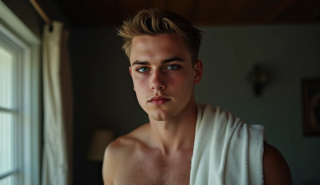 Portrait, 1boy, 17 years old, wears Greek toga, ancient Greece, handsome, Greek model, blonde boy, blue eyes, symmetrical, focus on the boy, medium shot, slim but defined body, looking at the camera, film grain, young god greek, beauty, pose, super model