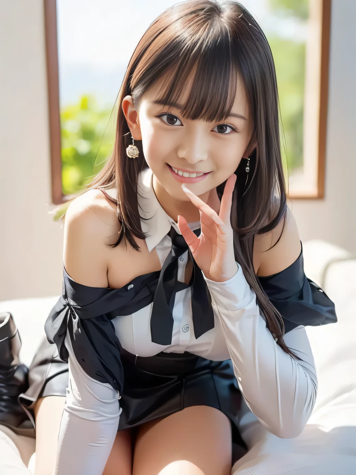 (((best quality、highest resolution from vagina、masterpiece、8k)))、(((detailed face)))(((cute face)))(((Baby Face)))(((Young contour)))((( Lovely facial features)))、((( Blizzard 10 )))(((model figure)))((( Perfect pose line)))、(((Big Breasts 1.0)))((( Detailed Body .5)))(((nsfw)))、(((long straight hair)))、(((Off Shoulder 1.0)))(((long sleeveシャツ)))(((long sleeve👔)))(((色鮮やかなlong sleeveシャツ1.0)))(((クリスタル鱗衣long sleeveシャツ3.0)))(((シャイニングブルーのlong sleeveシャツ5.0)))、(((Crystal Palette Skirt 3.0)))(((mini skirt)))、(((3 feather boots.0)))、(((dynamic posing 5.0)))(((active poses to captivate viewers 5.0)))(((Smiling with corners of mouth turned up)))