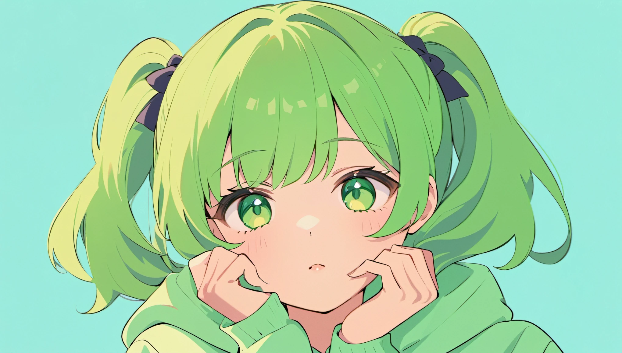 flat color, A character drawn in a manga style,
1girl, solo,
A girl resting her cheek on her hand,
soft dreamy expression,
green hair, twin tail, green eyes,
looking at viewer, upper body,
from below, hoodie,
simple background,