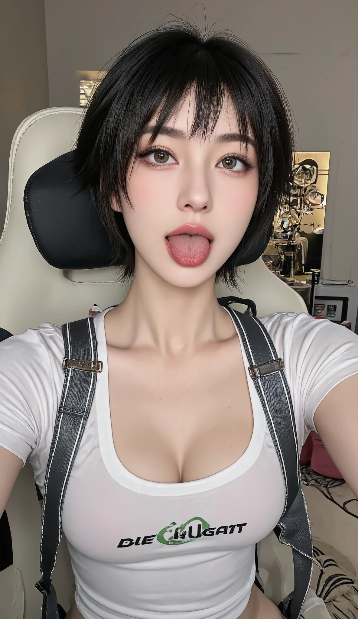selfie angle, sitting in a gamer chair, perfect Chinese, athletic and slim body, short hair with a modern cut, wearing leggings and a light T-shirt, makeup with strong blush: 1.5, perfect long, strong and thick winged eyeliner, tongue out, beautiful eye detail, upper body composition, perfect full red lips, lively face, lush look, perfection, skin detail, refined eyeliner, perfect composition, nsfw: 1.3, tongue out: 1.3 beautiful and perfect eyes