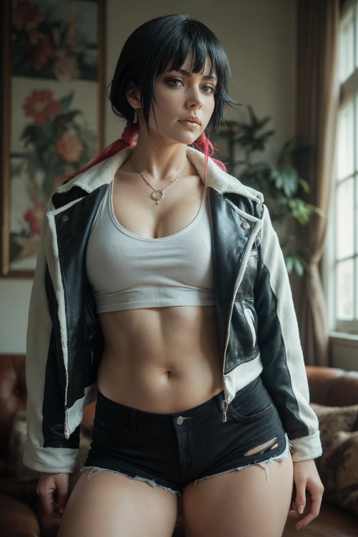 ((Masterpiece:1.4)), (high resolution:1.4), (fight pose:1,5), videl2, solo, blue eyes, black hair, twintails, black gloves, bike_shorts, bangs, white shirt, badge, medium breasts, beautiful face, highly detailed skin, skin pores,(highly detailed face:1.1), (highly detailed eyes:1.1), realistic pupils, full face blush, full lips, (perfect anatomy:1.1), (perfect proportions:1.1), (photography:1.1), (photorealistic:1.1), volumetric lighting, dynamic lighting, real shadows, (highres:1.1), sharp focus, rembrandt lighting, (realistic, hyperrealistic:1.4), intricate, high detail, dramatic, subsurface scattering, big depth of field, vivid, polished, sharpened, ((full Sharp)), (extremely absurdres),16k hdr,
