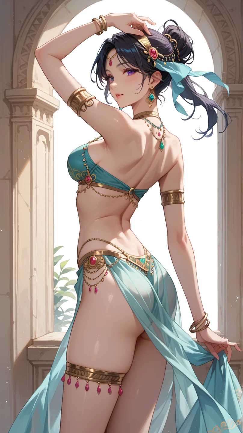(((depict cute girl))), dance, brown hair, long hair, straigh hair, green eyes, sunshine, ((topless)) nice hips, (((light blue transparent veil pajama pants))), ((pretty white panties stick out)), (Masterpiece, Excellent, complex details), delicate girl, delicate face, sumptuous palace, large windows, gold and precious stone jewelry