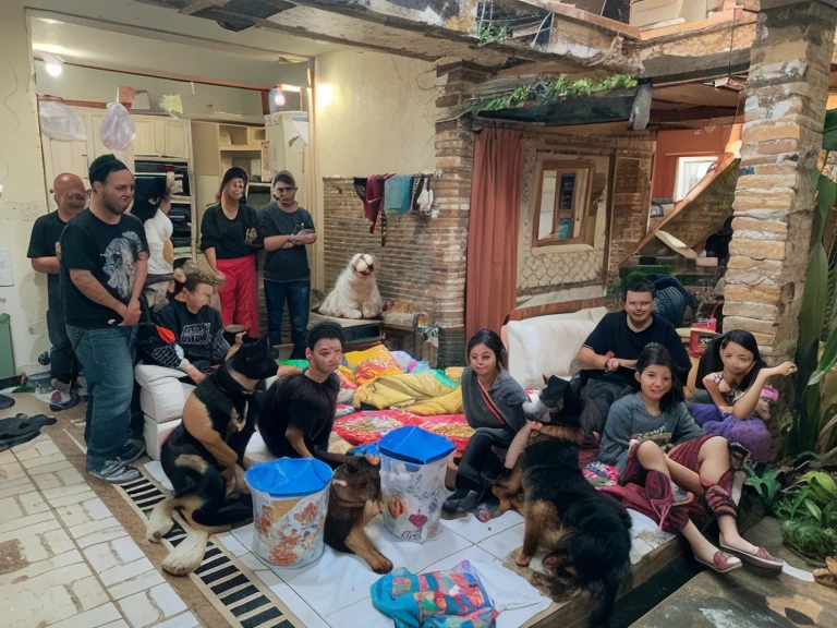 gambarkan 6 ekor anjing german shelperd, 1 adalah anjing dewasa german shelperdnya dan 5 adalah anak anak nya, anak anak nya masih kecil sekitar 1 bulan, 4 anak anjing tidur di pelukan induk dan 1 anak anjing lagi duduk di sekat induknya
