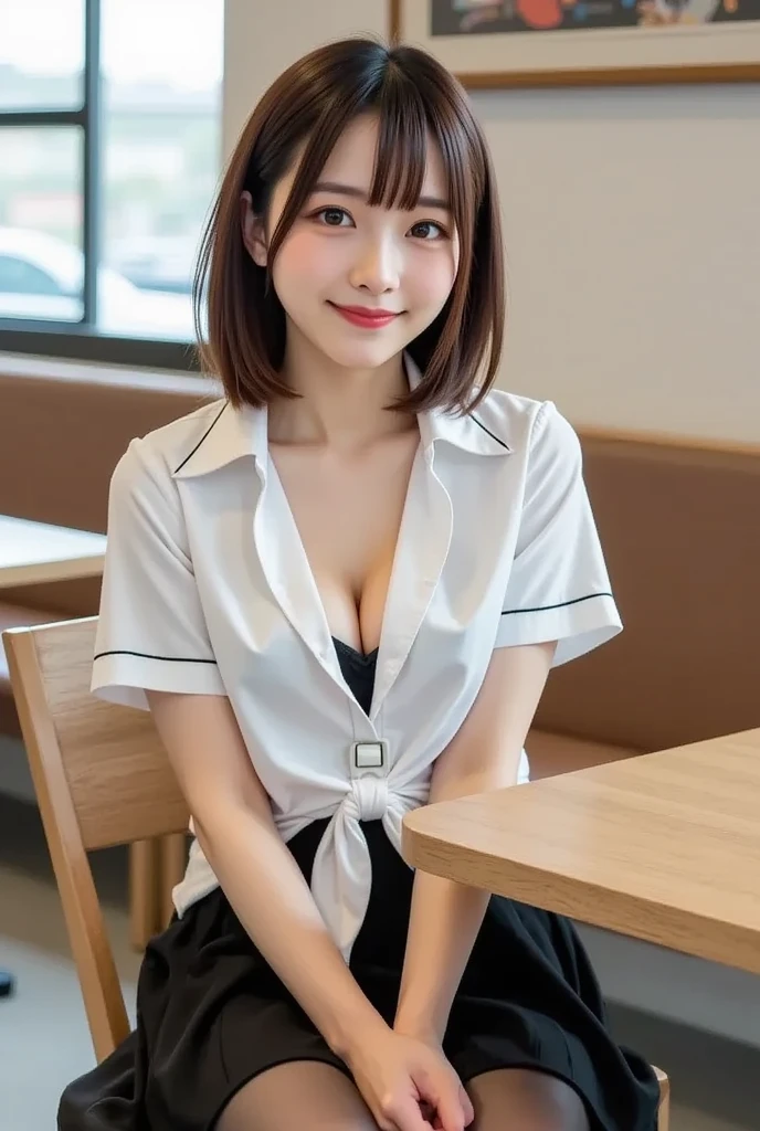 (8k, original photo, best quality, masterpiece:1.2), (actual, photo-actual:1.37), Super detailed,
1 girl,Lovely, alone,beautiful detailed sky,Detail of cafe,night,sitting,Dating,(nose blushing),(Smile:1.1),(Keep your mouth shut),big breasts, seductive Smile, Large aperture, professional lighting, Sony A7R4, Jersey 50mm f1.8,
medium breasts,Beautiful and delicate eyes,(collared shirt:1.1), bowtie,pleated skirt,(short hair:1.2),Floating hair