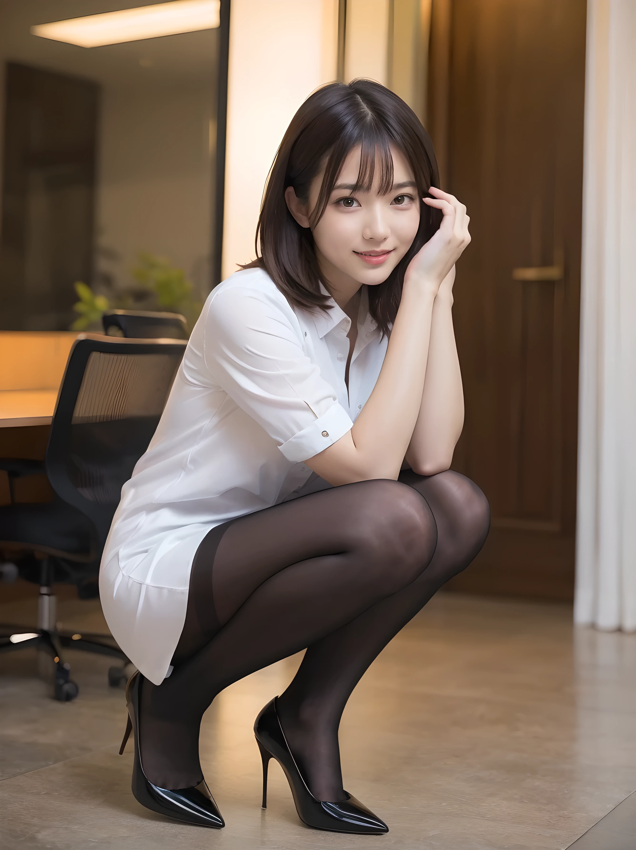 gorgeous face, exotic chinese woman, 25 yo, dark hair, pixie short hair, (small breasts), happy face, fit body, full shot, business suit, white blouse, mini skirt, black pantyhose, white high heels, solid colors, squatting, spreading legs, (photorealistic), (ultra real), (masterpiece), (beautiful face), (correct anatomy), (perfect anatomy)