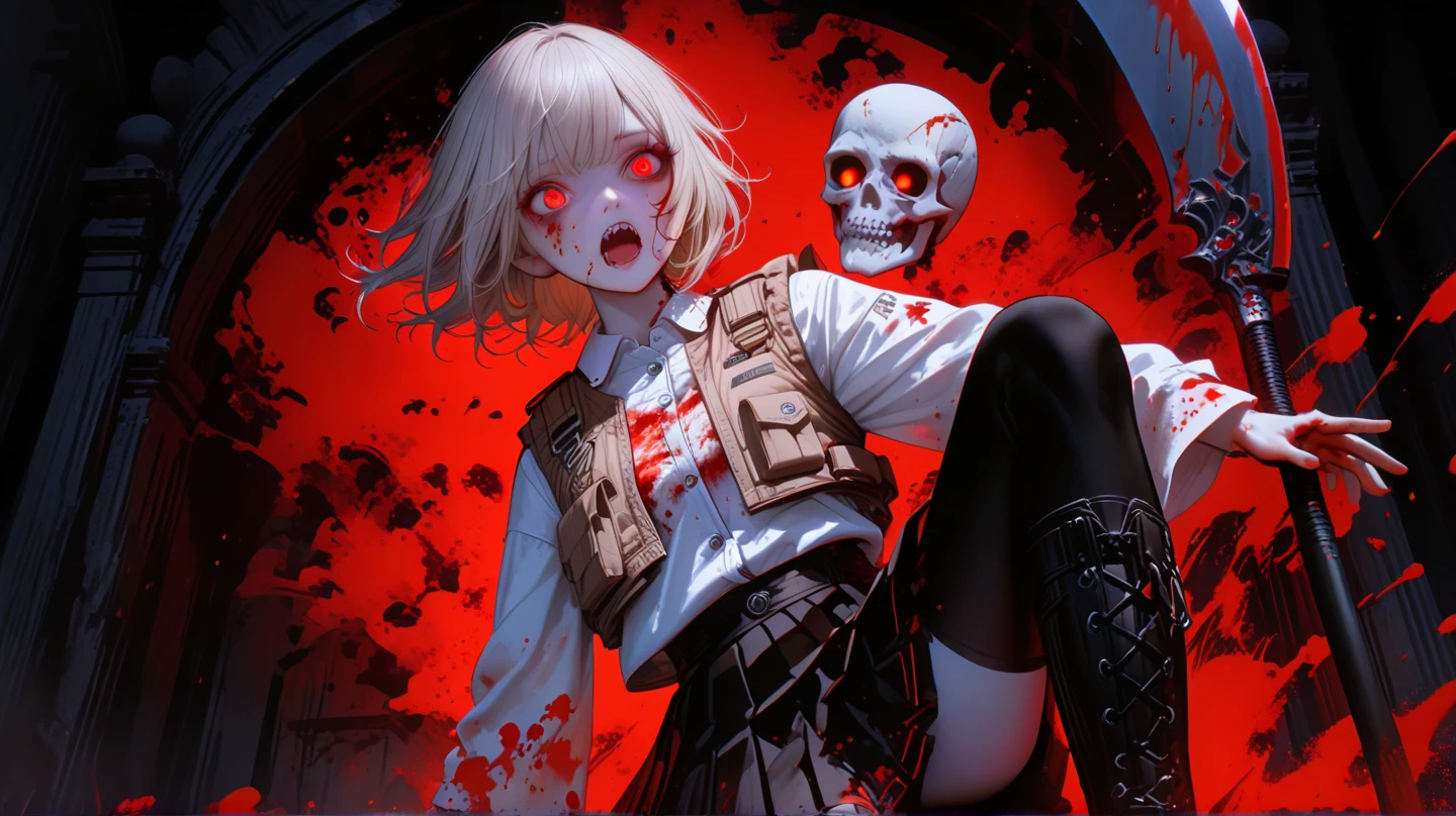 a girl in hoodie slicing a skeleton in half, blood coming out, blood stains scattered everywhere, blood blur --auto --s2