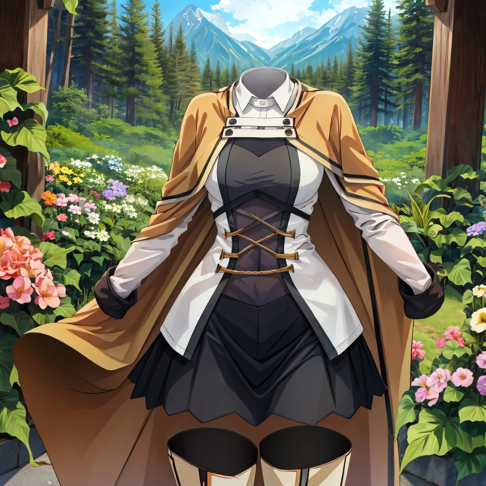 (invisible, no humans, headless, handless, faceless:1.5), cute big breasts, {{{masterpiece}}}, {{{best quality}}}, {{ultra-detailed}}, {illustration}, {{an extremely delicate and beautiful}}, extremely detailed face, 16k, visual anime de uma jovem mulher, extremamente bonito rosto de anime, anime melhor garota, anime face, Roxy Migurdia(Mushoku Tensei), roxy,1girl, solo, sidelocks, braid, thin waist, big hips, curvaceous, BREAK, brown cape, brown capelet, white jacket, long sleeves, white collar, open clothes, open jacket, black camisole, miniskirt, pleated skirt, black skirt, white capelet, black legwear, white footwear, knee boots, thighs, BREAK, polearm, flash effect, mountain, daytime, forest, flower garden, field