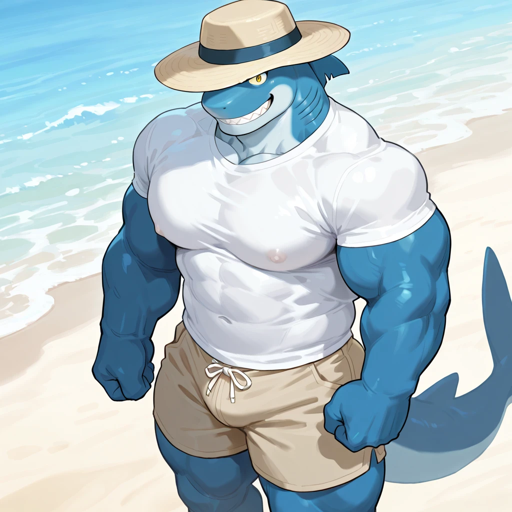 NJ5furry,shark,solitary,Beast field,Chubby,fat,Thick arms,Strong muscles,shorts,Plush,Chubby脸,Black eyebrows,Sky blue eyes,beard,(On the beach),(No T-shirt,Beach Shorts),(sweat)