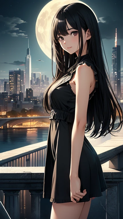 1girl, black_hair, breasts, building, city, city_lights, dress, lips, long_hair, looking_at_viewer, night, night_sky, sky, skyscraper