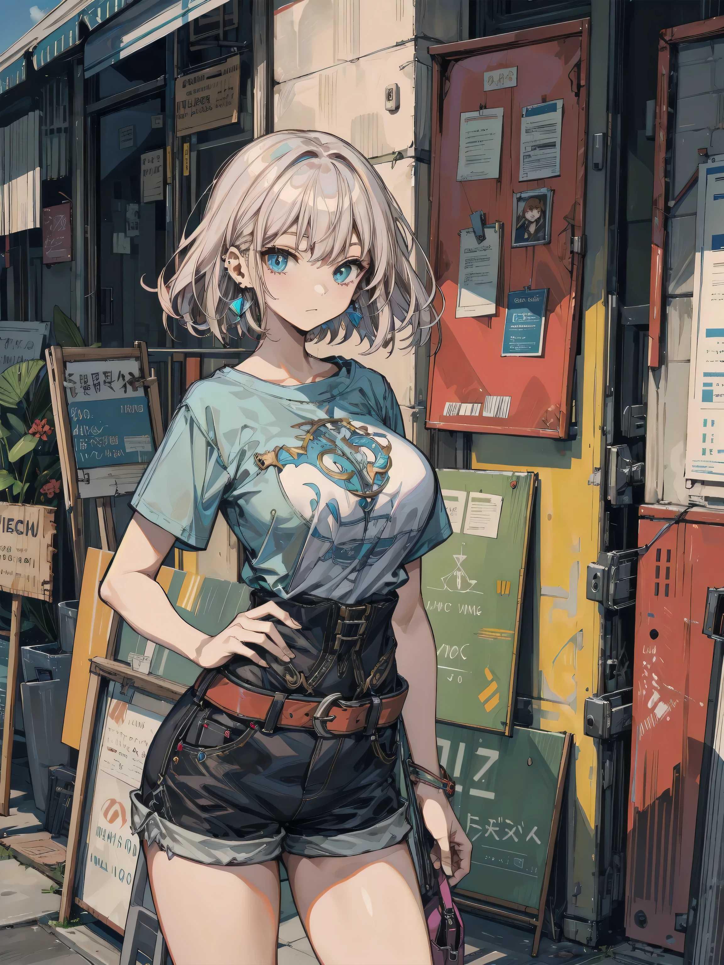 pretty,sexy,JETT,button unbuttoned,neat clothes,lingerie is visible,embarrassed expression,big breasts,
