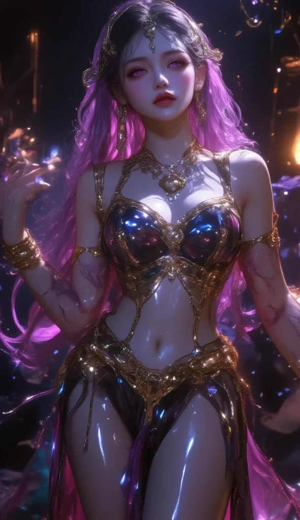 16K, Ultra High Definition, Super detailed, Shiny detailed hair, detailed face, fantasy landscape, solo, looking at viewer, {{best quality}}, {{masterpiece}}, {{ultra-detailed}}, {detailed light}, ultra high quality eyes, detailed eyes, perfect eyes, large eyes, detailed purple eyes, beautiful lips, red hair, long hair, long horse tail, hair ornament, elf ears, earrings, beautiful, skinny body, white skin, slutty, erotic, suggestive, standing, in a sexy purple-metallic sequin party dress, ((nsfw))