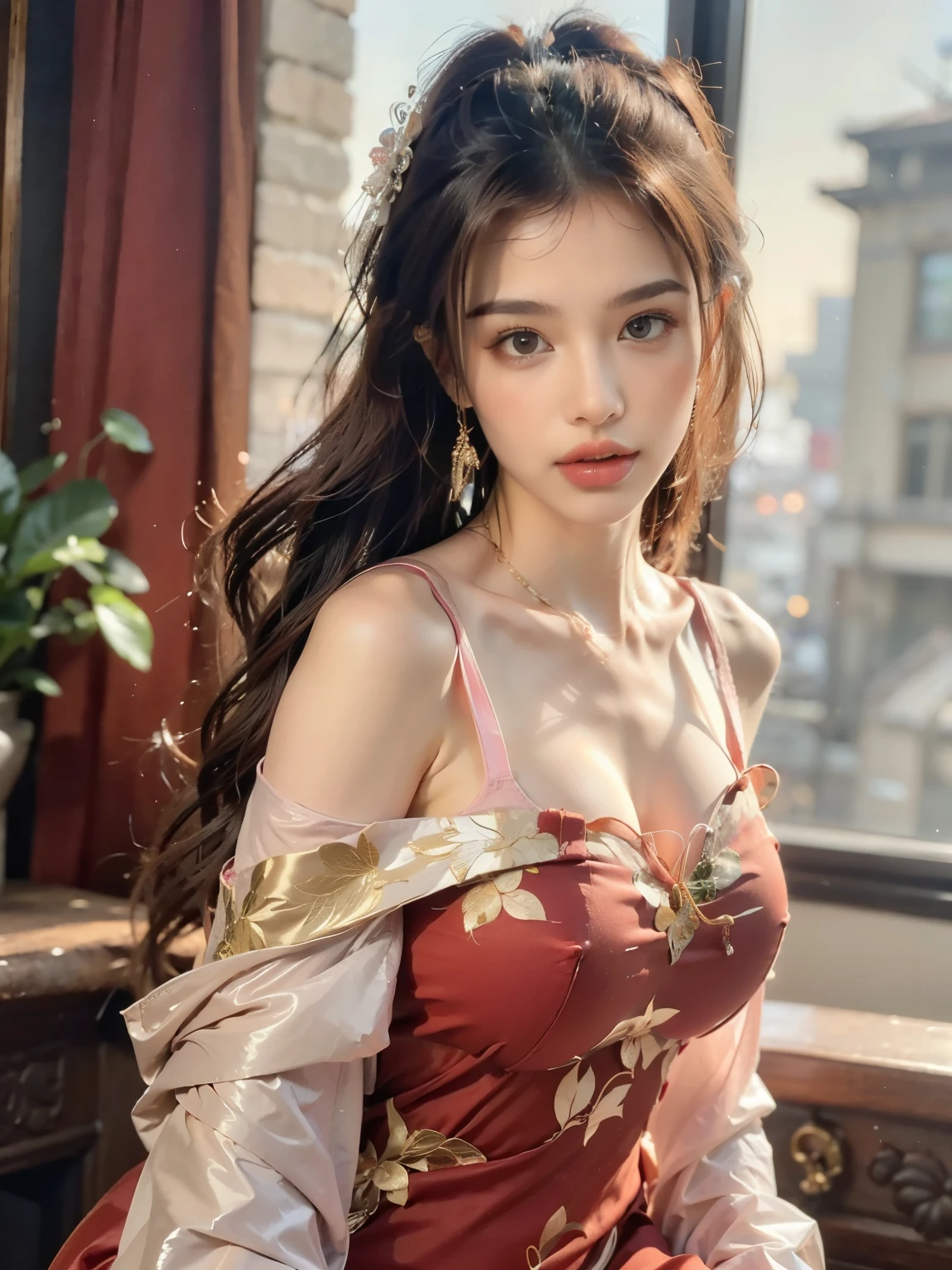 Best Quality, Masterpiece, Ultra High Resolution, (Realisticity: 1.4), Original Photo, 1girl, Pink Off-the-Shoulder, Cinematic Lighting,the whole body,Full body (1:3), chest straight, (from the outside) (shiny skin), many colors, best quality, masterpiece, realistic photos, complex details, RAW photos, court, Gorgeous cheongsam in many colors, extra long hair, off shoulder, delicate face, exposed cleavage, decoration, standing by the window, cheongsam, lace, clothing exposed, decoration, revealing thighs, front close-up, looking at the camera