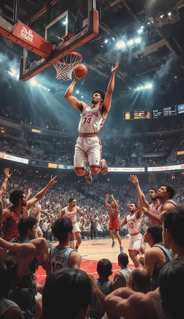 ((best quality))、(super high image quality)、(Super Detail)、(detailed description)、(Best CG ))、(masterpiece)、ArsMJStyle、(Zen ink wash painting)、slam dunk_Mitsui Hisashi、Mitsui Hisashi's 3P shot、(SPARK exciting three-point shot、angle from directly below)、when you give up the game ends there、realistic expression、age up 、 cowboy show 