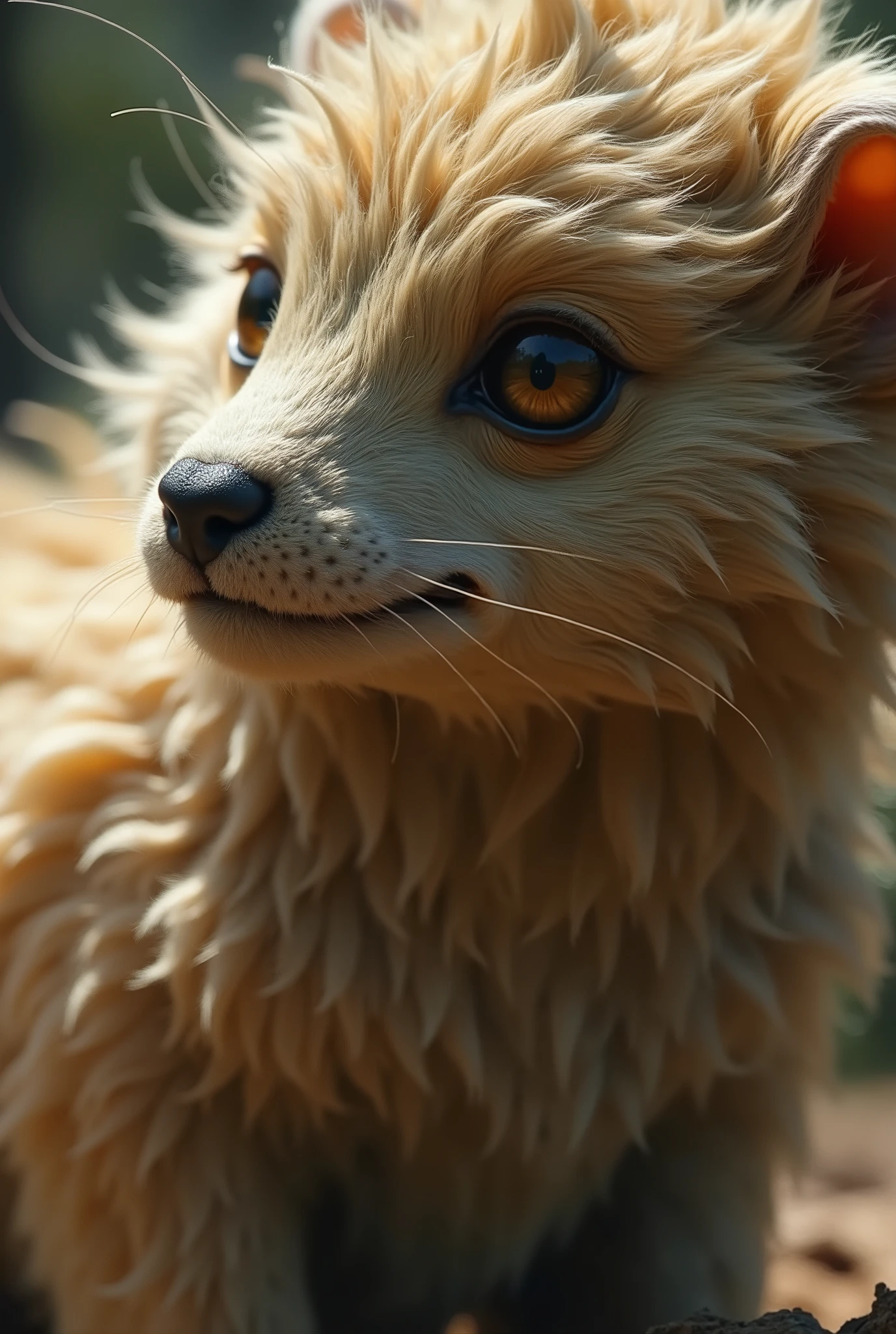 The creature is a sight to behold. Its fur is a soft, cloud-like substance that seems to shimmer in the sunlight. Each strand of fur is a different shade of brown, creating a mosaic of warmth and comfort. The animal's eyes are large and expressive, with a deep amber hue that seems to hold secrets of the forest. Its nose twitches as it sniffs the air, taking in the scents of its surroundings. When it moves, its fur ruffles softly, creating a gentle breeze that is both calming and invigorating. Overall, this animal exudes an air of mystery and allure, drawing you in with its fluffy, wild beauty.