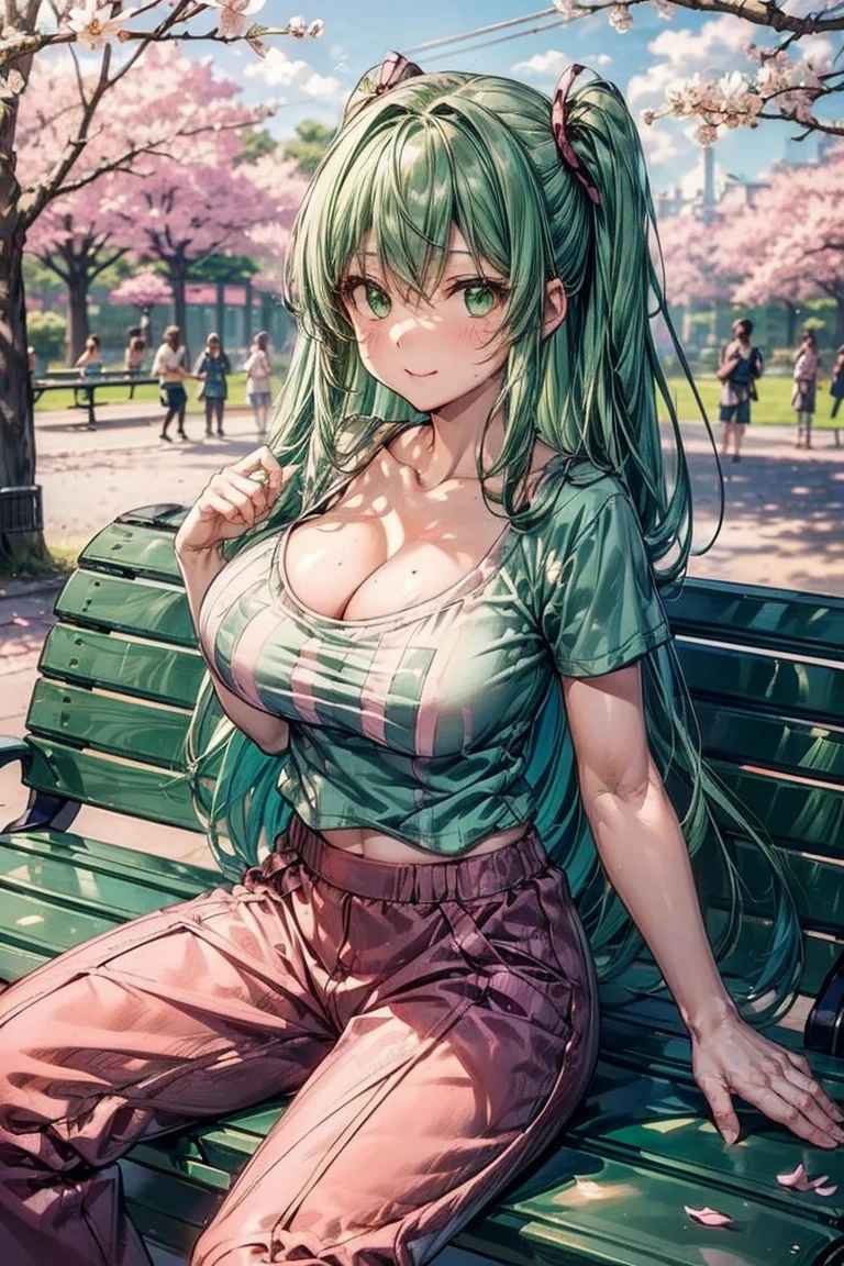 (American Planner),(Masterpiece), (High quality anime illustrations), (Highly detailed and complex), only one girl, Beautiful 26 year old girl with green hair knots, Slim build, Anime style , Lilac eyes, Encouraging, huge breasts with a good shape, Focus on the neckline: Very low cut, short hoodies crop top look, skirt, thighs, natural lighting, high contrast