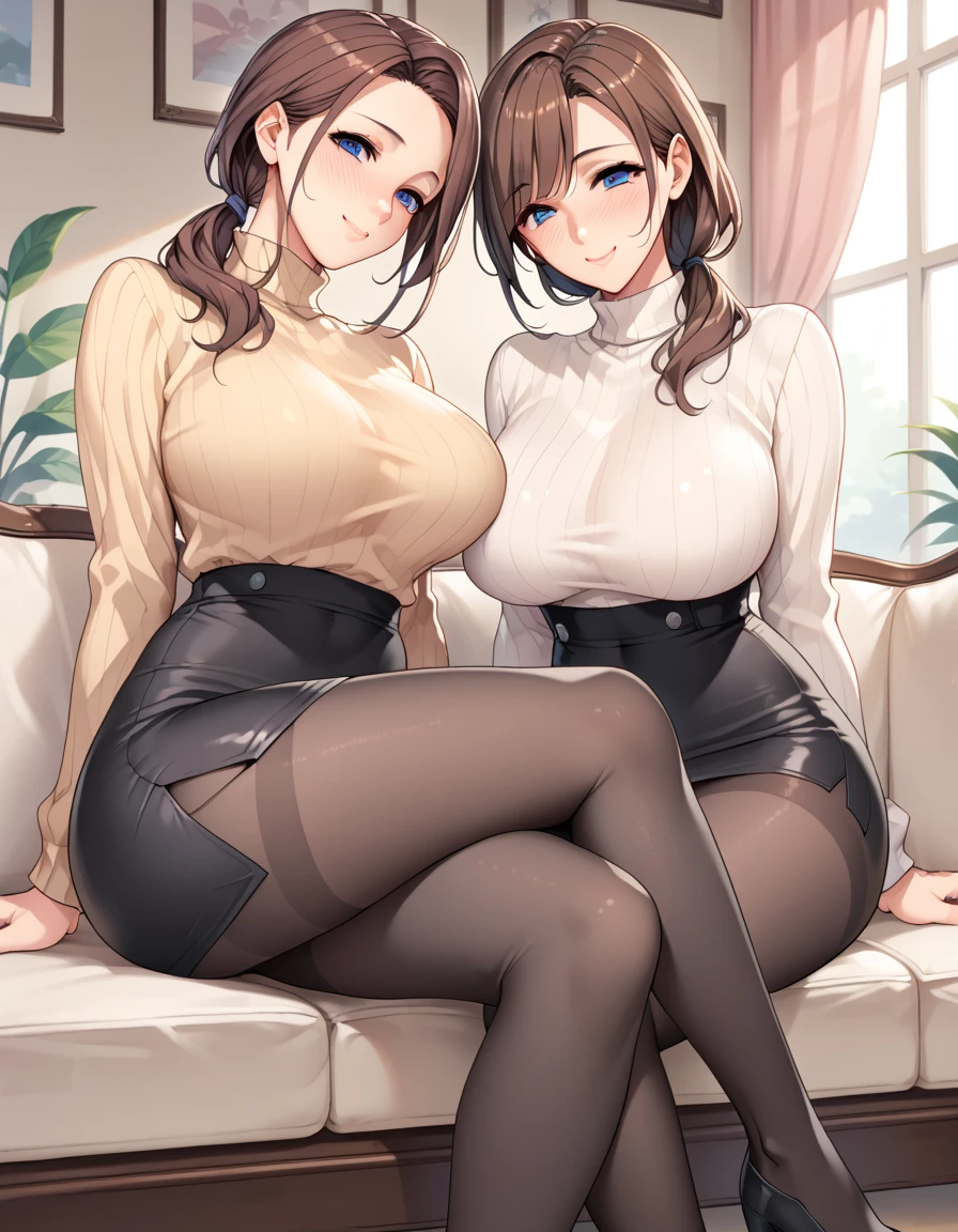 (masterpiece, best quality:1.2), (8K, best quality, masterpiece, Golden Ratio Composition,:1.3), woman, (Beautiful Japanese woman in her 40s), (80 kg woman), (Thick thighs), (Smooth long legs), (Wearing a white shirt,:1.2), (Huge breasts), (Long legs in black tights), Soft face line,Gentle,Silver short hair,