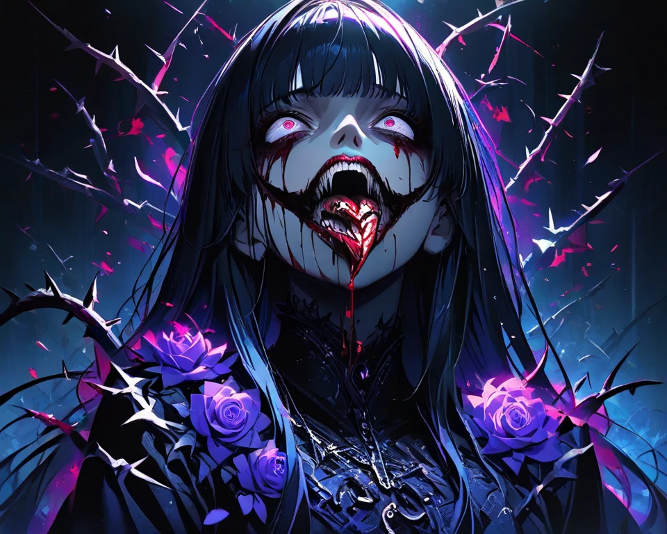 (Thriller Theme,Bloody and violent themes:1.3),(Dirty mollusk tentacles,radicalism:1.4), Good details, (Glowing background), Highest quality, Wide-angle Super Detail, masterpiece, 8k, Natural light, Soft lighting, sunlight, High resolution (High Dynamic Range), Maximum clarity and sharpness, Multilayer Texture, Looking at the audience,Close to the audience,night,(8k, RAW Photos, Highest quality, masterpiece:1.2),(Realistic, photo-Realistic),Photo Background,Face-only photo,Draw only the face,Look up,Face shot,Scythe Face,Detailed portrait, Delicate facial features, Sharp Eye, Sharp Fangs, Pale skin, Thick chain, Dark Background, Dramatic Shadows, Gothic style, Gloomy atmosphere, Mouth very wide open,,(Blood splatter:1.6), Mouth open, Very wide lips,Bare your teeth,Sharp teeth like a beast, very wide mouth, Vermilion cheeks, ,(Blood splatter:1.6),laugh at, Laughter, Crazy Smile、Bloodstained、bleeding from the head,,、Blood splatter、,(Blood splatter:1.6),Crossbones, skull,Dirty, (Faith of the Dead,A totally malicious cult,Human sacrifice ritual,Ominous black and bloody fog,Creepy crazy smile:1.4),(severe bleeding, self-injurious behavior:1.4) 1 girl,Upper Body,Perfectly detailed eyes and face,Frowning,Red eyes,Gray Hair,skullと骨をテーマにしたコスチューム,Black gothic dress with beautiful details,Tears of Blood, (skullと骨だけで建てられたカルト寺院,,(Blood splatter:1.6),Skeleton Beam,Altar of Bone:1.4), (Glowing Eyes,Disheveled long hair,:1.5), Lens flare,Light leakage,