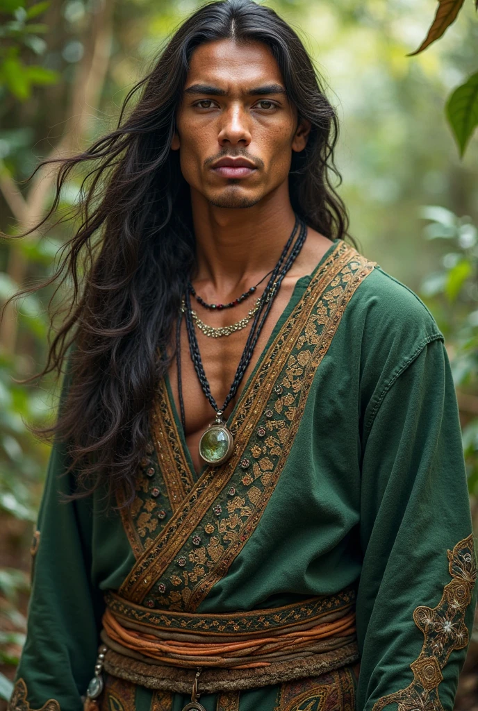 21 year old Native American Boy with Long Flowing Dark brown hair, wearing Green Long Sleeved tribal Attire.