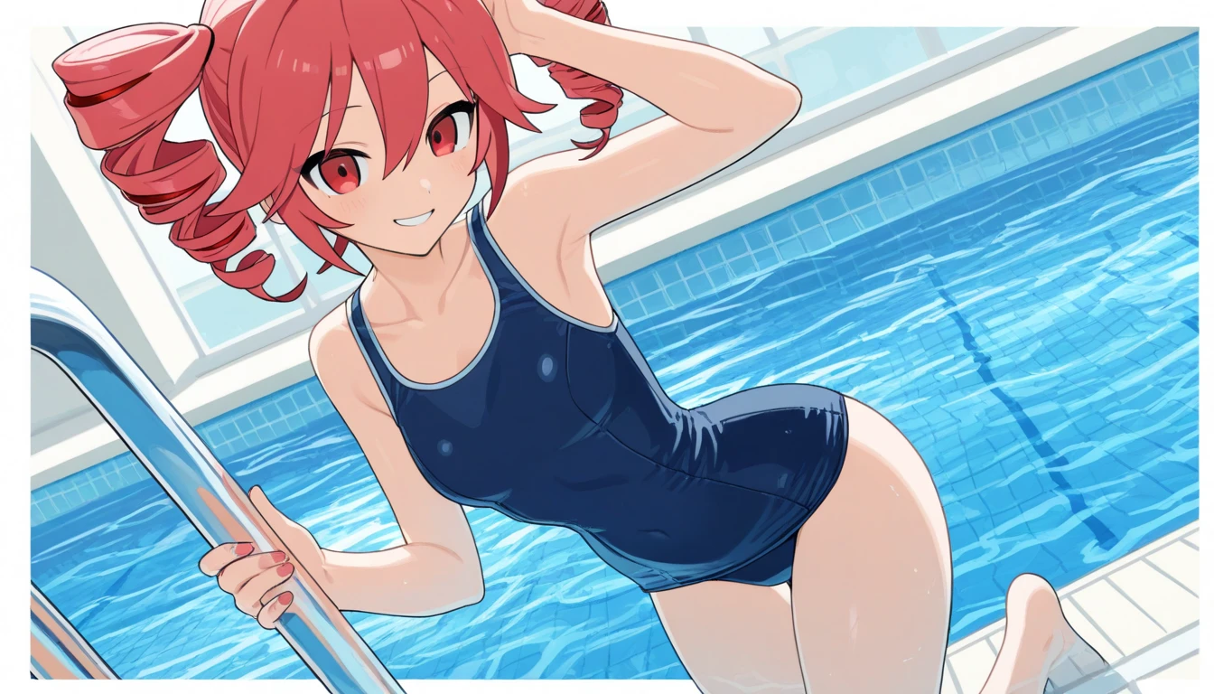 (perfect body),highest quality,16k、Masseter muscle part、((NSFW))、(())、low length、((((embarrassing))))、:d、Tree Fe○lumes、short hair、(blue eyes),redhead、Pigtails、((Sweat))、((flat chest))、swollen nipples、(Poolside)、cloudy sky、Red camisole、black mini skirt、white panties、((Skirts twisted by the wind))、both armpits、Hands restrained behind the head、On my back、thick thighs、spread your legs、