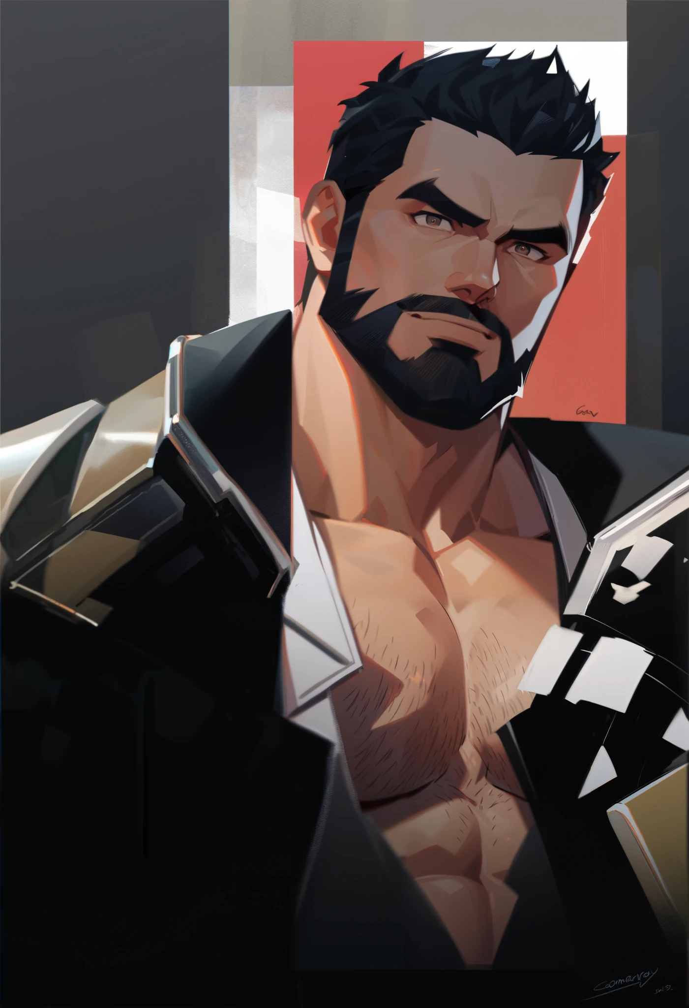 muscular male, super tall body, blackhair, the man has very broad shoulders and a thin waist, flexing a bicep, super muscular, standing , his skin is very fair and he has a small mustache