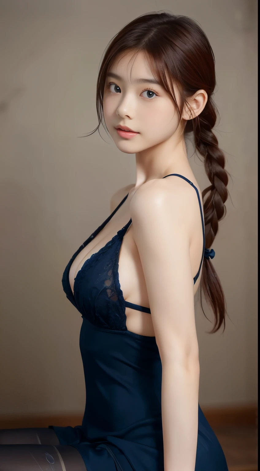 Japanese Beauty、Masterpiece、highest quality、Ultra-high resolution、8k, Photorealistic, RAW Photos, Best image quality、１By people、28 years old、(Flower Hair Ornaments,Braided top knot,Twisted Side Part Ponytail Braided Headband,Half Up、Braided Space Van,Voluminous fishtail braid,Twisted pan),(Asymmetrical bangs)、(Deep cleavage:1.2)、Super detailed face、Pay attention to the details、double eyelid、Sharp focus:1.2、(camisole(beige color))、(Micro Mini Skirt(Navy Blue))、(Voluptuous thighs)、A soft smile、A photo showing you from head to knees、(Large Breasts:1.6)、Saggy breasts、Clear white skin、White Breasts、Breast sunburn