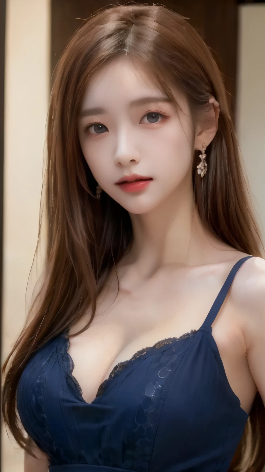 (masterpiece:1.4), (8K, realistic, Raw photo, highest quality: 1.4), Japanese, (1 girl), beautiful face, (realistic face:1.4), (caramel hair, long hair:1.3), beautiful hairstyle, detailed and beautiful eyes, Charm, ultra high resolution, surreal, very detailed, Best ratio, (detailed face:1.4), looking at the viewer, red lipstick, (Best ratio fingers:1.5), (blue eyes:1.0), realistic big breasts, (closed mouth:1.5), slender body, (I can see the whole body:1.5), fine skin, Lace Trim Dresses, deep low neck, cleavage, dynamic pose, fascinating, full length frame, High detail RAW color art, earrings, diffused soft lighting, shallow depth of field, sharp focus, hyper realism, cinematic lighting，cowboy shot