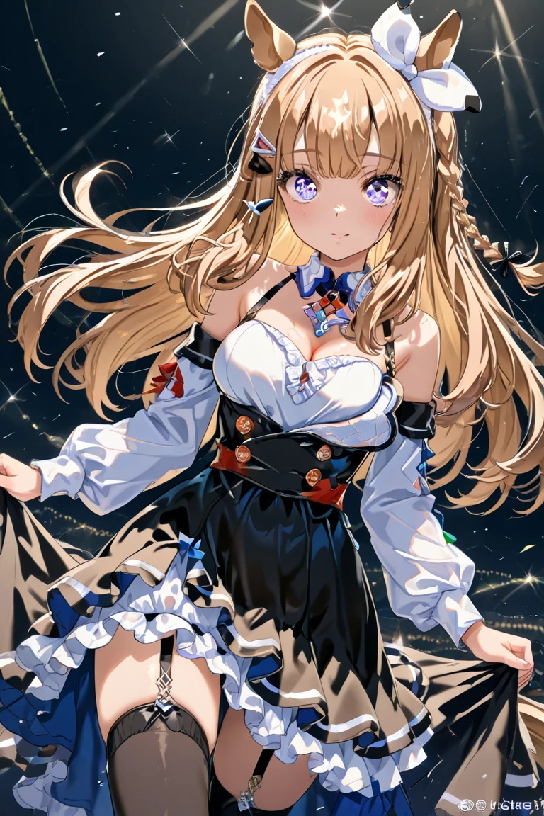 highest quality、all limbs、full finger、Slender beauty、straight hair、brown hair、yours、green, white and purple idol costume、white panties、high socks、beautiful big breasts、live stage、sing、dancing、big smile
