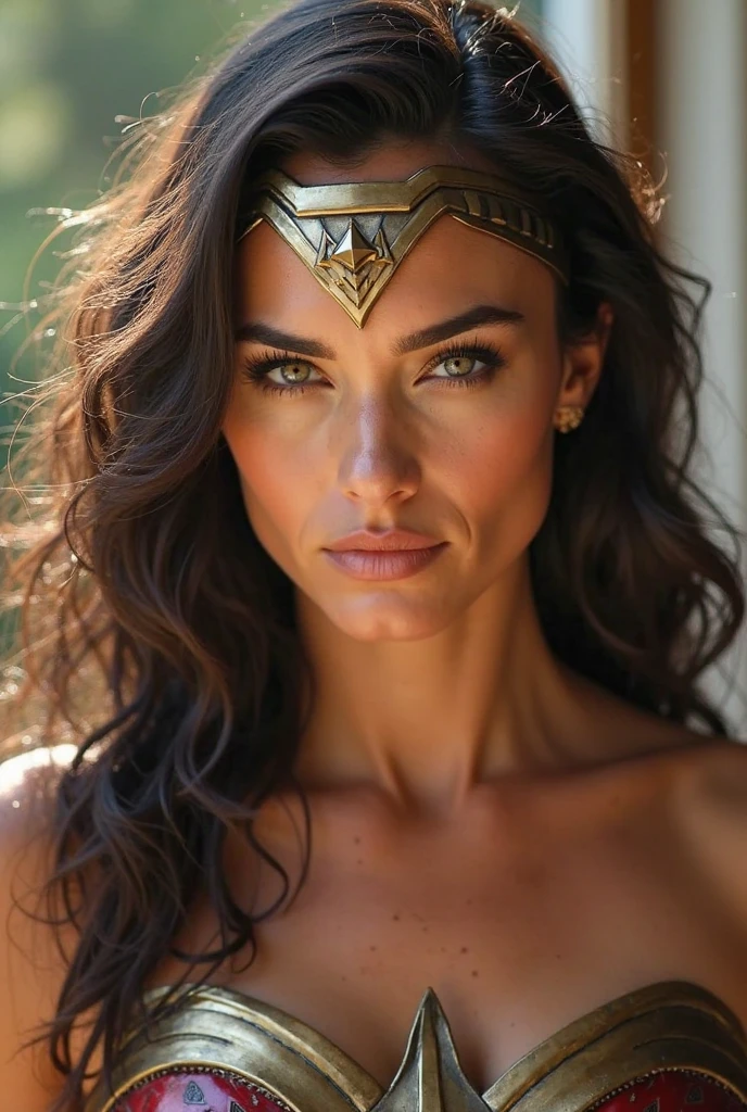 Wonder wommen standing above you and looking at you in the eyes with sloppy mouth