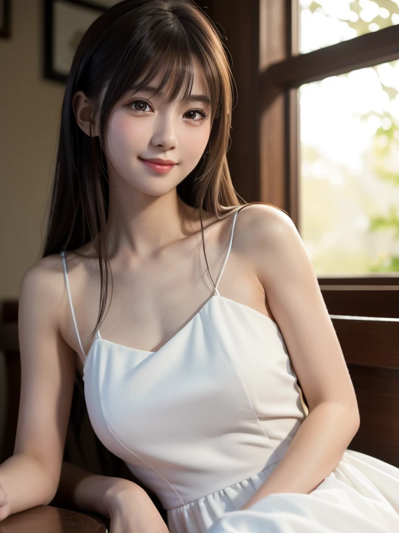 (8k, RAW Photos, highest quality, Tabletop: 1.45), (Realistic, PhotoRealistic: 1.37), one girl, cute, smile, Daytime, Professional Lighting, Photon Mapping, Radio City, Physically Based Rendering, Tabletop, Tabletop, Rich details, (素晴らしいhighest qualityの写真), (Fine Eye) , High quality photos, High resolution,  (Tabletop), Realistic, Extreme light and shadow, Gradient black hair, Small breasts, Disheveled Hair, Look in front of you, Thin clavicle,Deep V-neck slip dress, (Improve the beauty of skin texture:1.1),