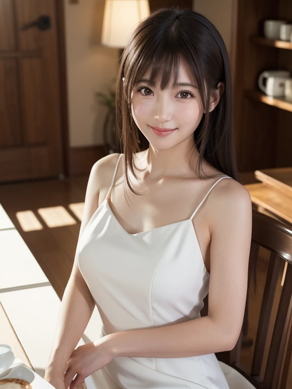 8K、Raw photography、(masuter piece:1.2)、(Photorealsitic:1.2)、(best qualtiy)、((Sleeveless with white frills))、((Adult woman in floral white skirt))、((japanes、25-years old))、Light brown hair in one woman、((full body Esbian))、make - up、Smart body、A smile、Poses variadas、hyperdetailed face、A detailed eye、((No close-ups))、(Inside the café、Sitting on a chair)