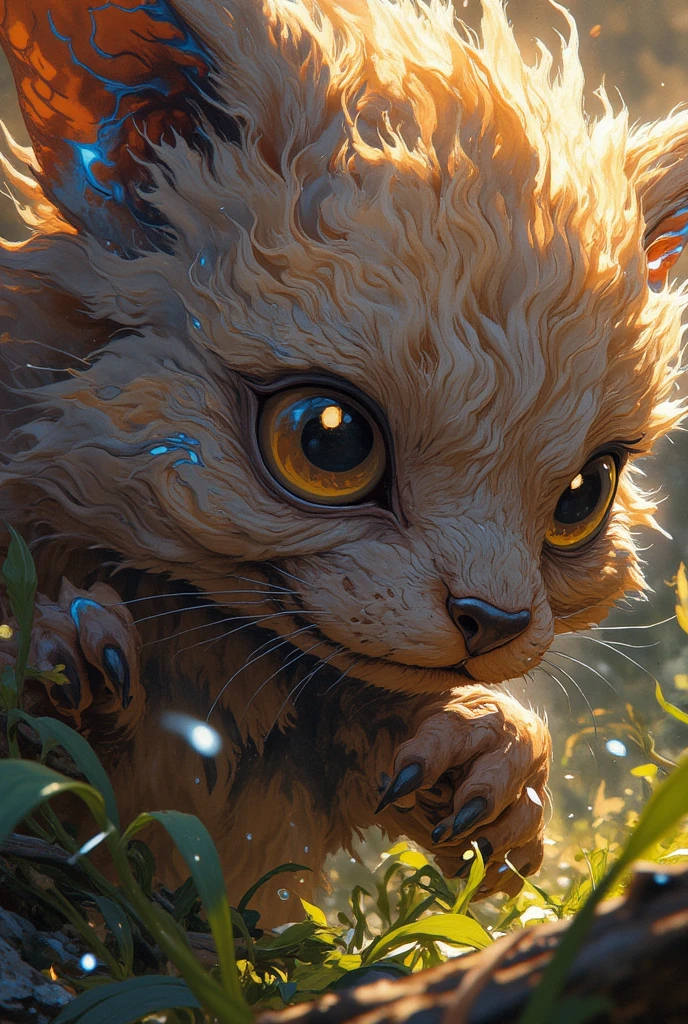 In the middle of the movement, close-up, this creature is worth looking at, a fantastically mythical familiar, its fur is a soft, cloud-like substance that seems to shimmer in the sun, each strand of fur has its own shade of graphite brown, creating a mosaic of texture and depth, the animal's eyes are large and expressive, deep amber hue, with luminous luminescent veins that seem to hold the secrets of the forest, his nose, dark and moist, twitches as he sniffs the air, absorbing the surrounding smells., large, thin, sensitive ears are turned towards danger, blue veins are visible in the light, thick silver vibrations form a luminous halo when it moves, its fur gently sways, creating a light breeze that simultaneously soothes and invigorates, in general, this animal radiates mystery and charm, attracting you with its fluffy, wild beauty, dynamic motion shot of a forest mythical beast, low viewing angle, Dutch pose, accent light, falling from the front and back, digital stylized art, surrealism and hyper detail, attention to the smallest fine details,