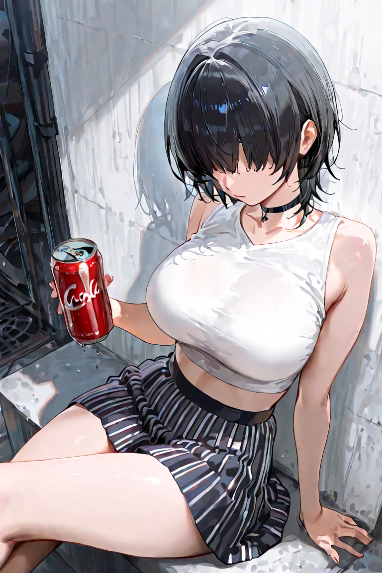 beautiful, masterpiece, highest quality, highly detailed face, perfect lighting,1 girl, alone, white sleeveless shirt、black skirt, Office lady、While drinking a can of beer、drunk、drunk woman、bright red face、outside the door、in front of the door、I have visited、late night、midnight、dark、Through the gap in the door、drunk girl、young office lady, Straight black berry short cut hair、okappa hair、heavy makeup、big breasts、big cleavage、black shiny tights、((steam,sweat)), Vulgarity