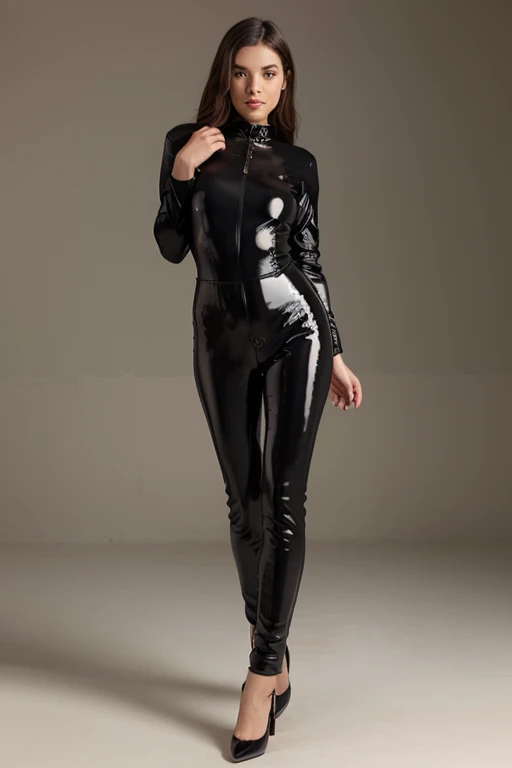NSFW, Woman, big breast, black latex catsuit, long black latex gloves, long black latex boots, black latex corsett, black latex raff, beautiful face, houerglas, photorealistic, full body, ponytail