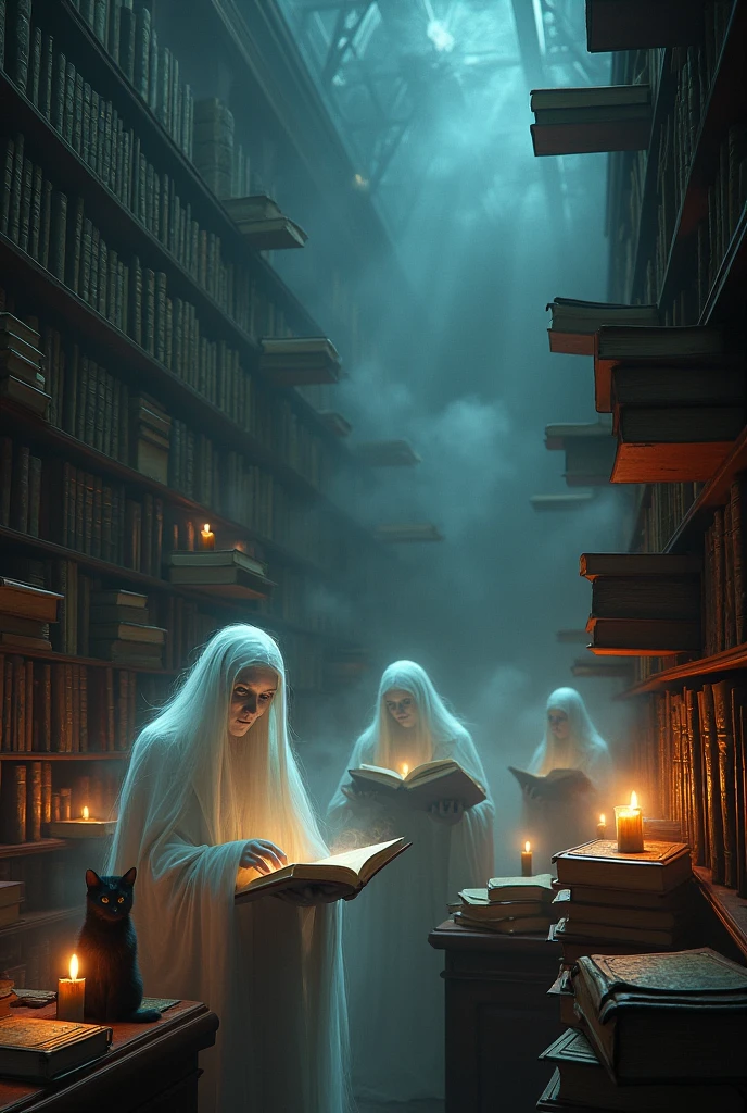 Image, 24k, 3d, epic, movie posters, 2 woman and 2 man bring book, 20yo, indonesia face, with background beautiful ghost lady, library,
