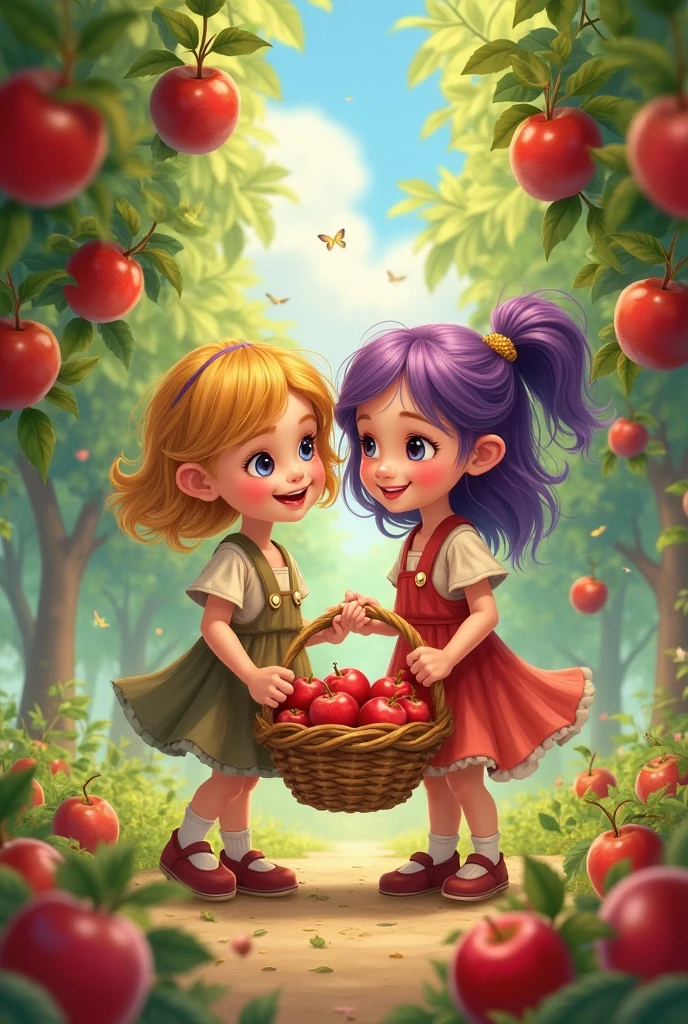 There is a BLONDE girl holding two apples in her hands, eating rotten fruit, holding an apple, with apple, apples, girl wearing uniform, children, photo bank, children, red apples, snow white portrait, wearing school uniform, wearing a school uniform, one holds apple in hand, 3/4 see portrait, children, bank image