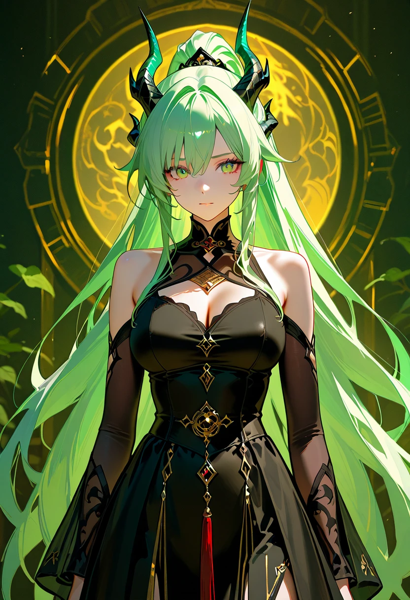 The character has long green hair styled in large waves. She has large expressive eyes, probably green to match her hair. The flower crown she wears is composed of various colorful flowers that contrast with the shade of her hair. Her outfit is a combination of green and black, with golden details, and seems to be an elegant and majestic attire. She has exaggeratedly large Her breasts are really big and her skin tone is gray and her eyes are black and her pupils are golden.