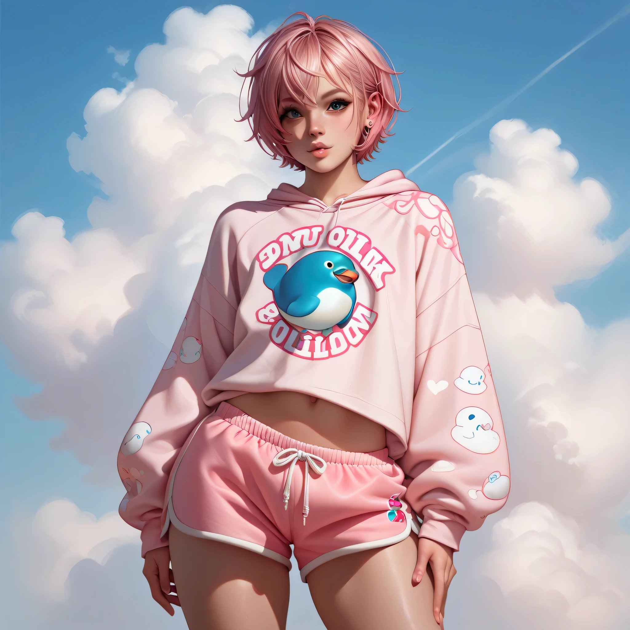 1boy, femboy, pink hair, oversized pink cloud print sweatshirt, fair skin, curvy body, flat chest, short dolphin shorts