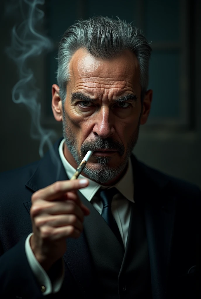 close up photo of a mafia man holding a cigar and smoking