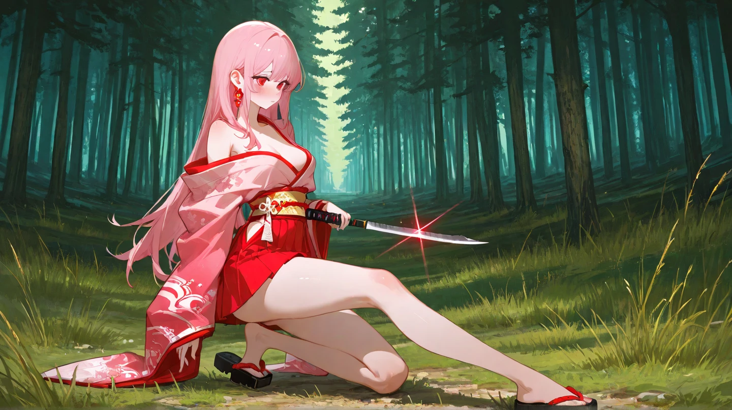4K,High resolution,one woman,pink hair,short ponytail,green eyes,big breasts,ninja,ninjaの服,side boob,Japanese sword,japanese village