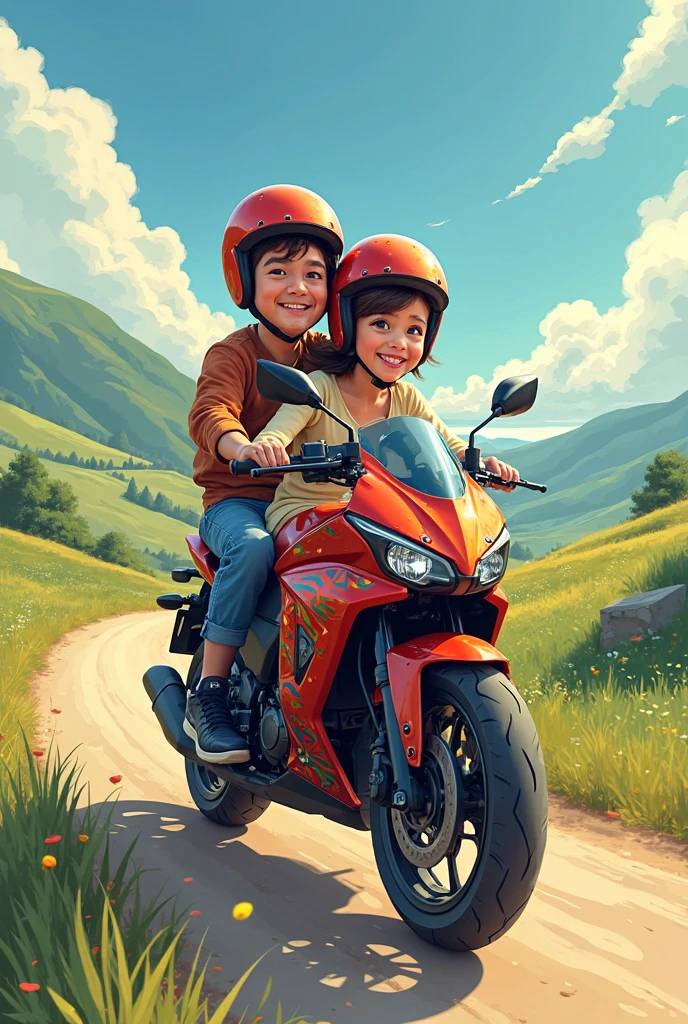 a boy and a girl traveling on a red motorcycle.  The boy is driving the motorcycle.  The boy has a green helmet.  The girl has a blue helmet.  the girl has long black hair. the motorcycle moves from left to right of the image