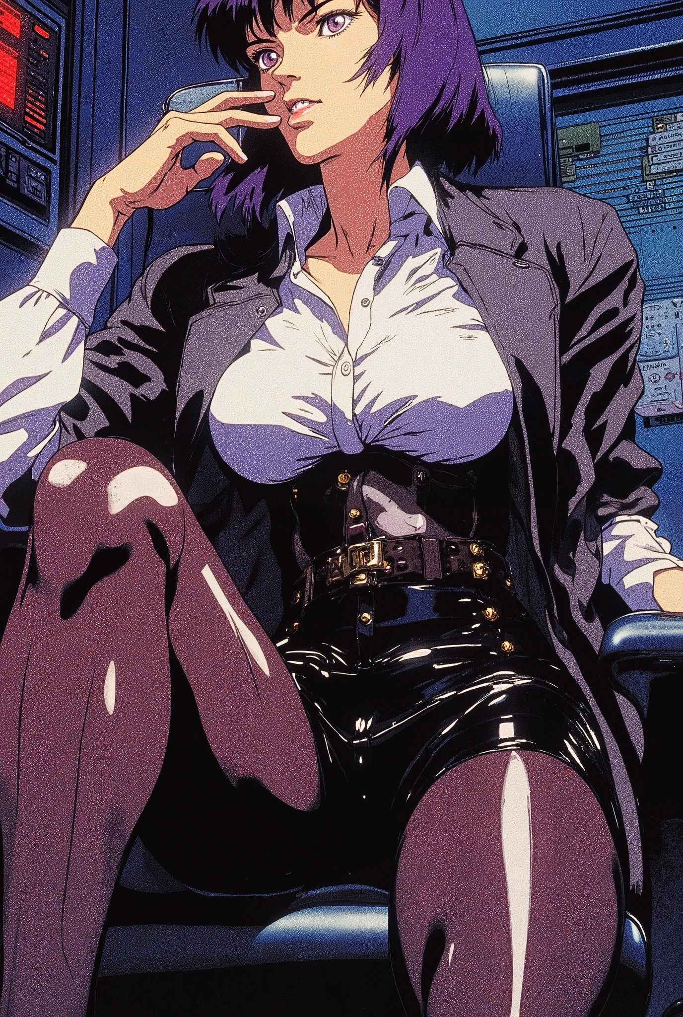 1 mature beautiful woman ,(masterpiece, best quality , very detailed depiction, Incredible High Resolution,High quality anime drawings),( office lady,An excellent female secretary,Villainess,Glasses),( business suit, latex tight skirt with lots of buttons, formal shirt to accumulate strength, ties, Luxurious Accessory , black tights, high heels),( Purple Eyes , half-closed eyes, big breasts, wicked smile that scratches my butt, glossy lips, opening my mouth,Touching your mouth with your fingers,Beautiful legs, shiny skin,Seductive gestures, forward leaning position), full body image , oiled legs
