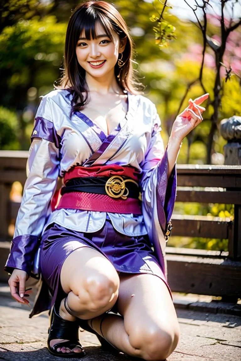 ultra-detailed, Beautiful body, Beautiful Nose, Beautiful character design, perfect eyes, perfect face, ultra highres, 16K, beautiful legs, perfect legs, Nice hands, Perfect hands, Masterpiece, Best Quality, Highly detailed, illustration, absurdres, perfect anatomy, expression of joy, glowing eyes, looking at viewer, mystic aura, female priestess, full body, goddess-like, happy trance, perfect female body, smile, japanese clothes, miko, detached sleeves, hakama, hakama skirt, red hakama, ribbon-trimmed sleeves, joyful eyes, horns, 1girl, hair ornaments, purple hair, long hair, purple eyes, (((pixel-perfect, detail-perfect))), solo, Hanyuu, higurashi when they cry, umineko when they cry, medium sized natural breasts, (western city background, she's walking the streets)