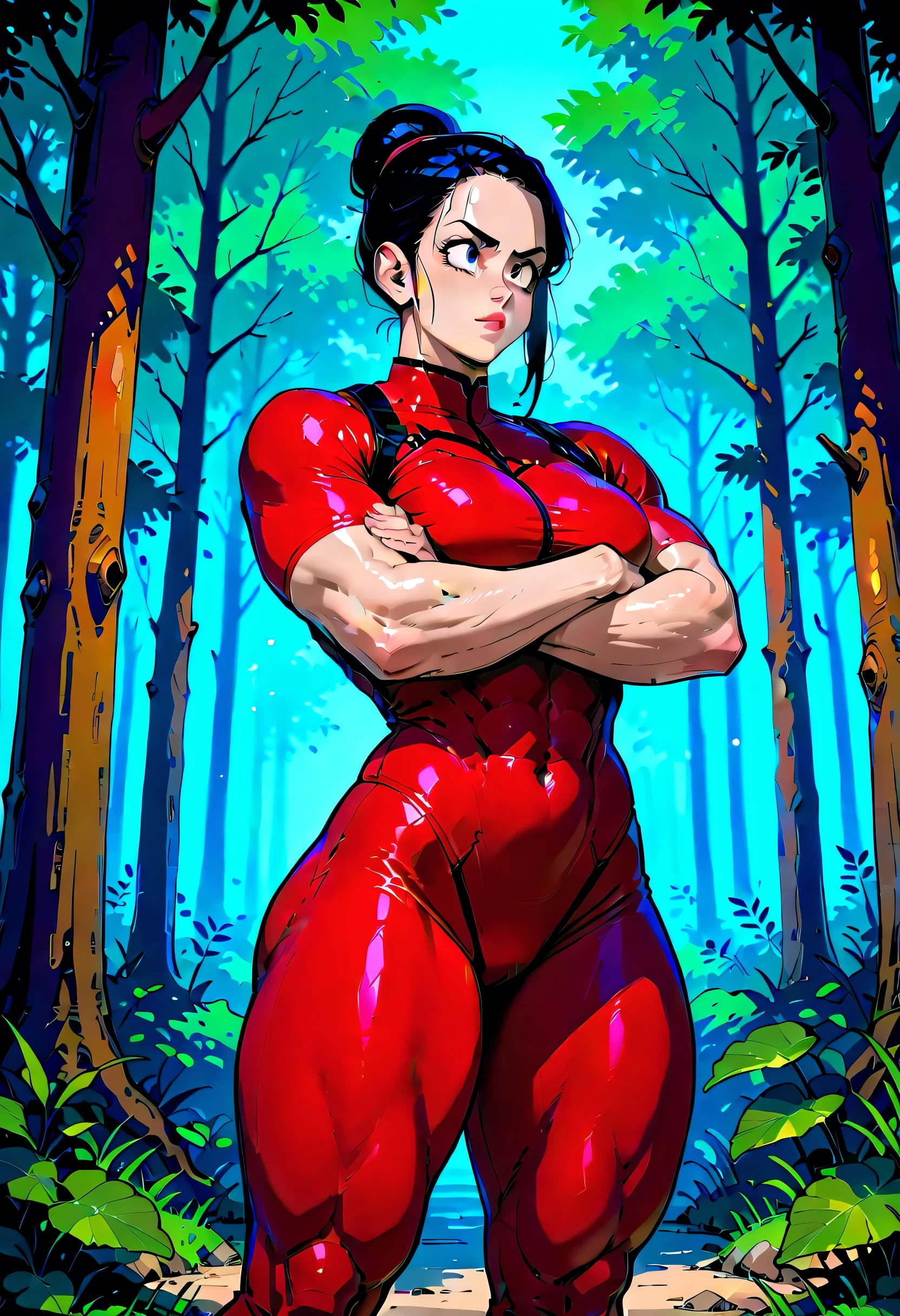 perfect body, beautiful woman, medium breasts, bodysuit, (abs), (muscles), (thick thighs:1.2), forest, dead trees, dark light, ((arms crossed)), standing