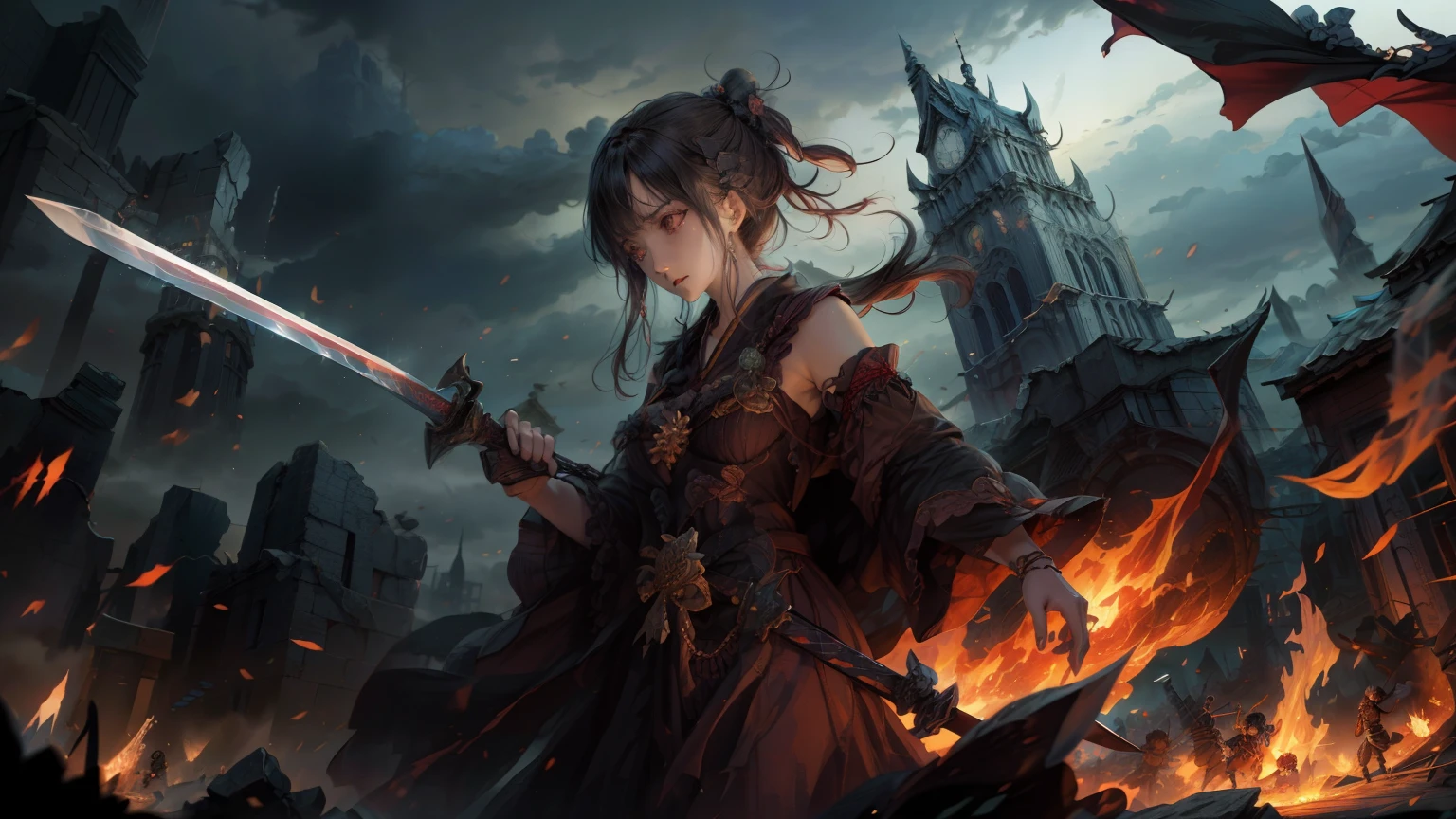 fantasy。 fights against demons。brave warriors with swords。 Suetsu。 Witch。Ruined Cities