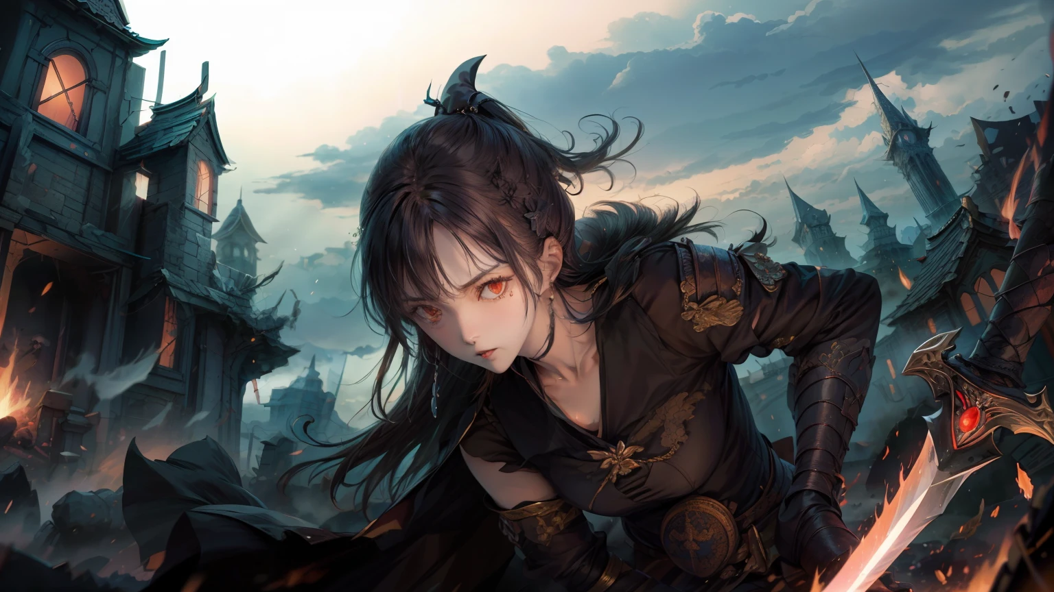 fantasy。 fights against demons。brave warriors with swords。 Suetsu。 Witch。Ruined Cities