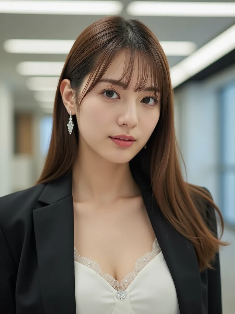 Tabletop, Highest quality, figure, Super detailed, In detail, High resolution, 8k wallpaper, Perfect dynamic composition, Age35,Beautiful attention to detail,  Natural Lip,blazer ,whole body,Light brown hair,bangs,wavyhair,thin body