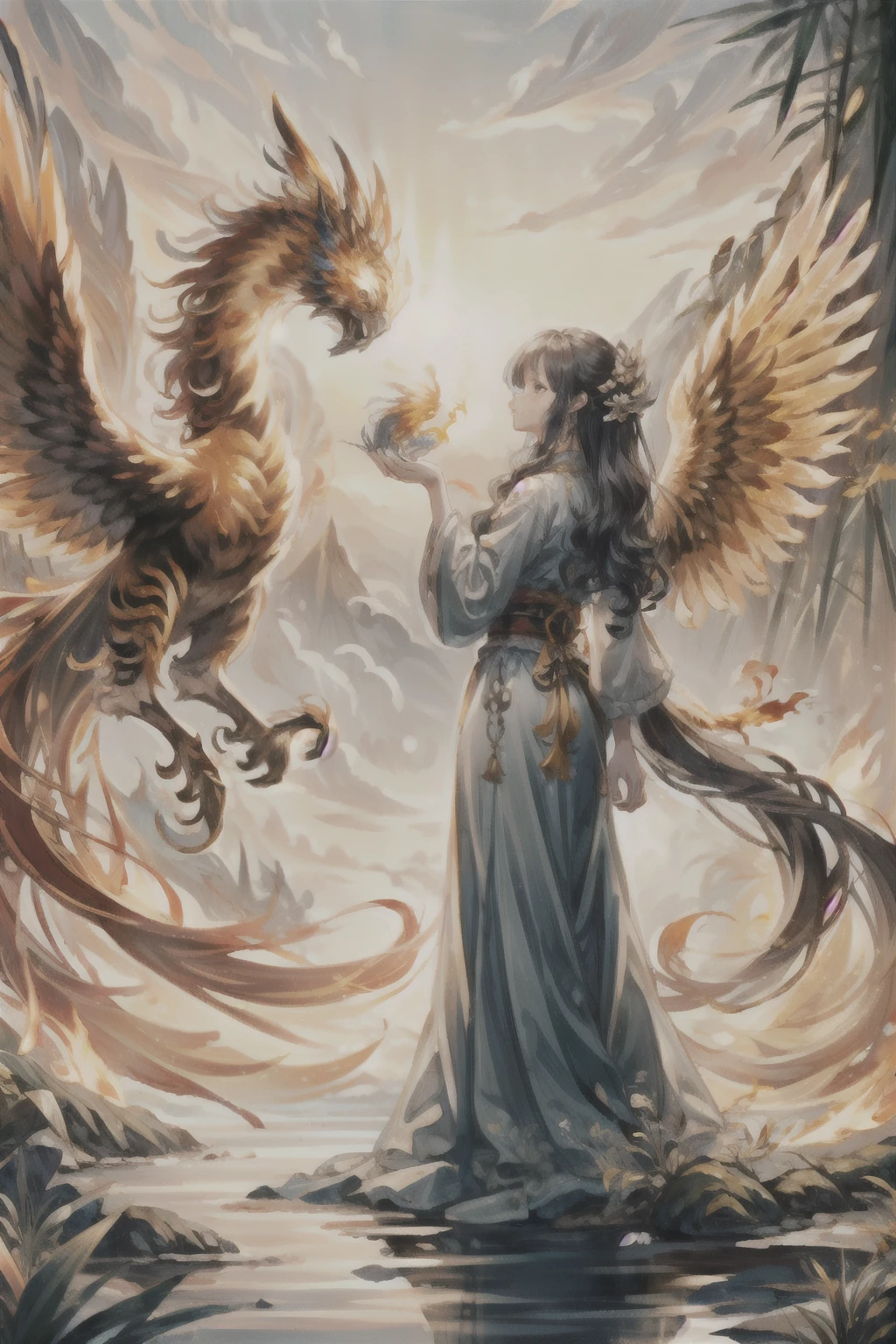 1girl wearing a long dress rides on a tiger's back,in the background is a flying fire phoenix,(Phoenix of Sora:1.2),bamboo forest,hanfu,very long hair,sword,wide_shot,mythology,fantasy,drama,dreams,detail,